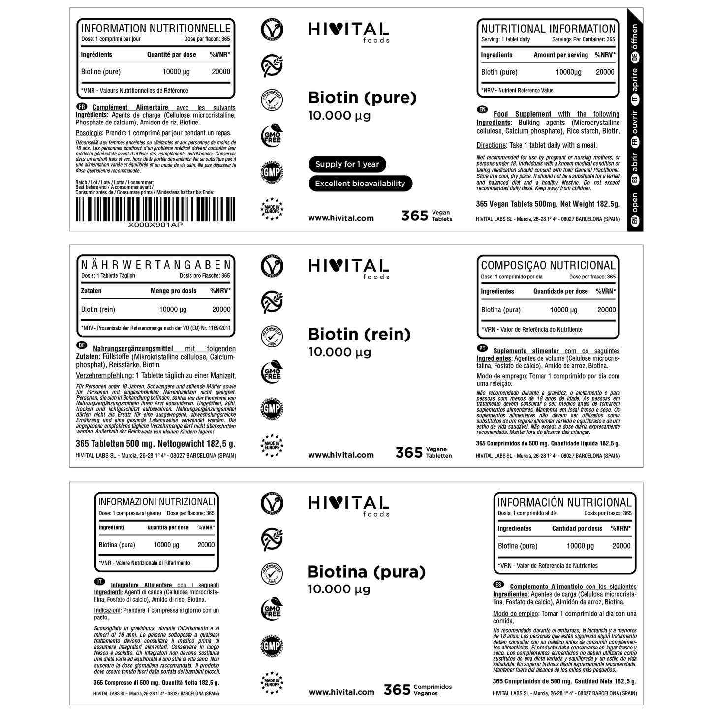 Biotina pura 10.000 mcg - 365 comprimidos veganos