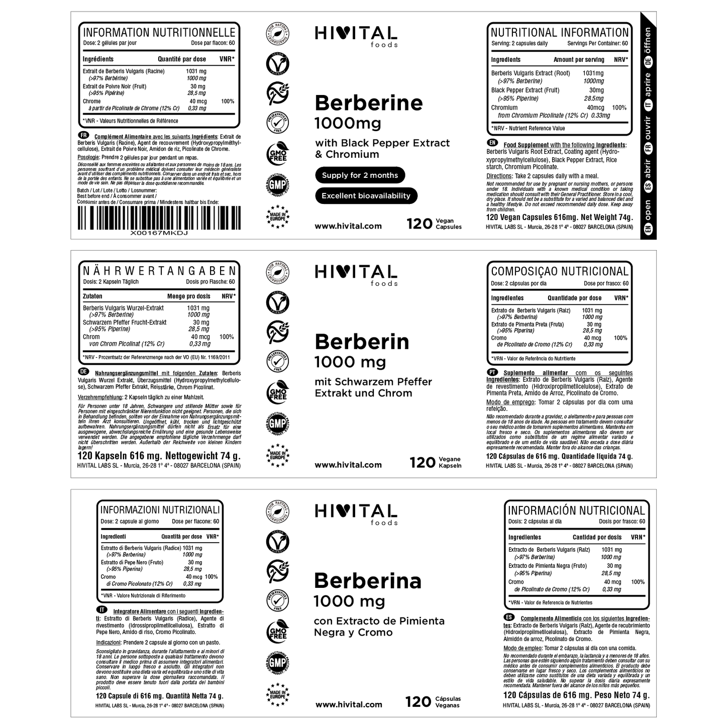 Berberina 1000 mg - 120 cápsulas veganas