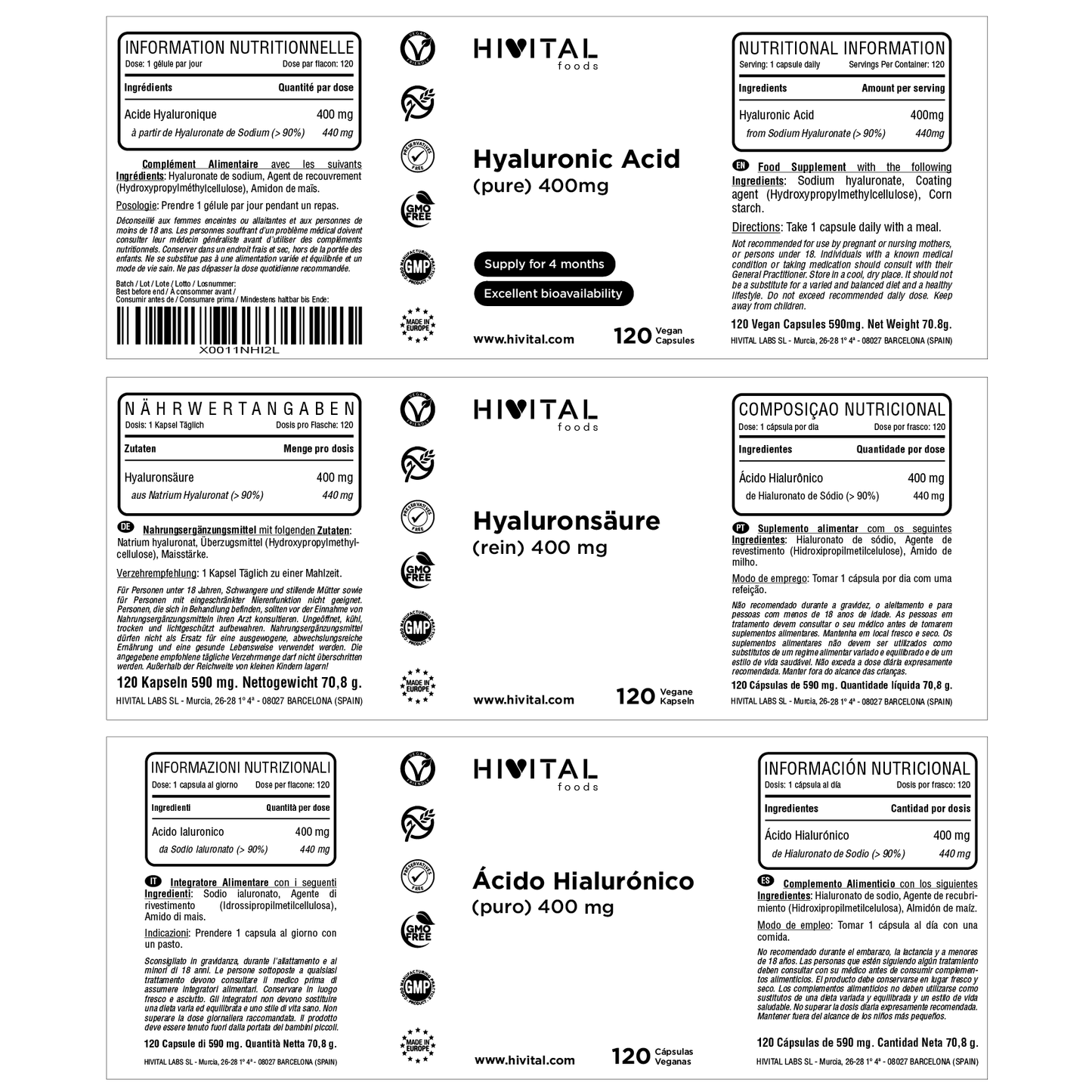 Ácido Hialurónico puro 400 mg - 120 cápsulas veganas