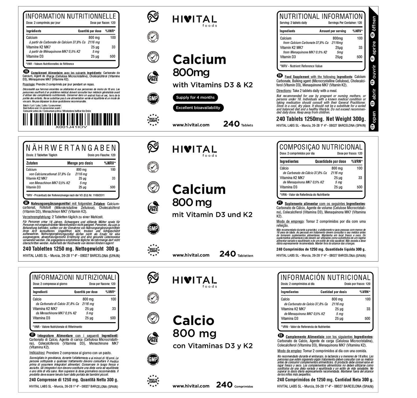 Calcio 800 mg con Vitamina D3 y K2 - 240 comprimidos